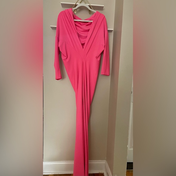 Women Sexy Deep V Neck on the Back Long Sleeve Bodycon Maxi Dress in pink - Picture 2 of 4